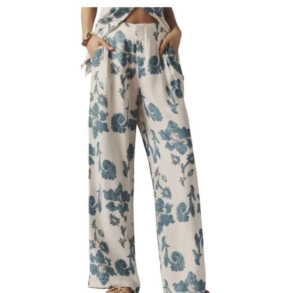 ANTHROPOLOGIE BLOCK PRINT GREEN AND WHITE SILKY TROUSERS SIZE MEDIUM TALL - Picture 7 of 12